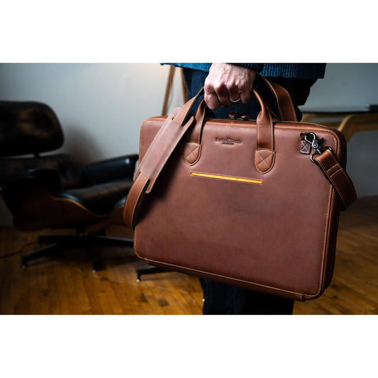 Burton Goods LLC® Leather Bag Mahogany Slim Leather Laptop Briefcase - Medium 16"