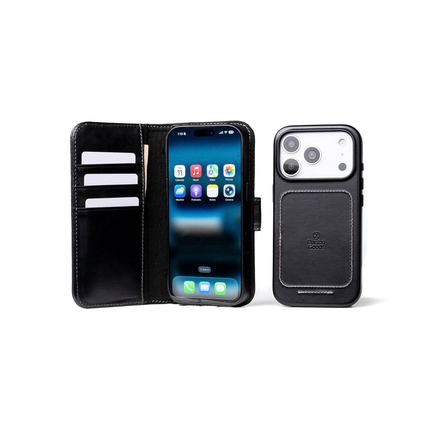Burton Goods LLC® Onyx Black / Mahogany Luxury Pocket Book For iPhone 17 Pro