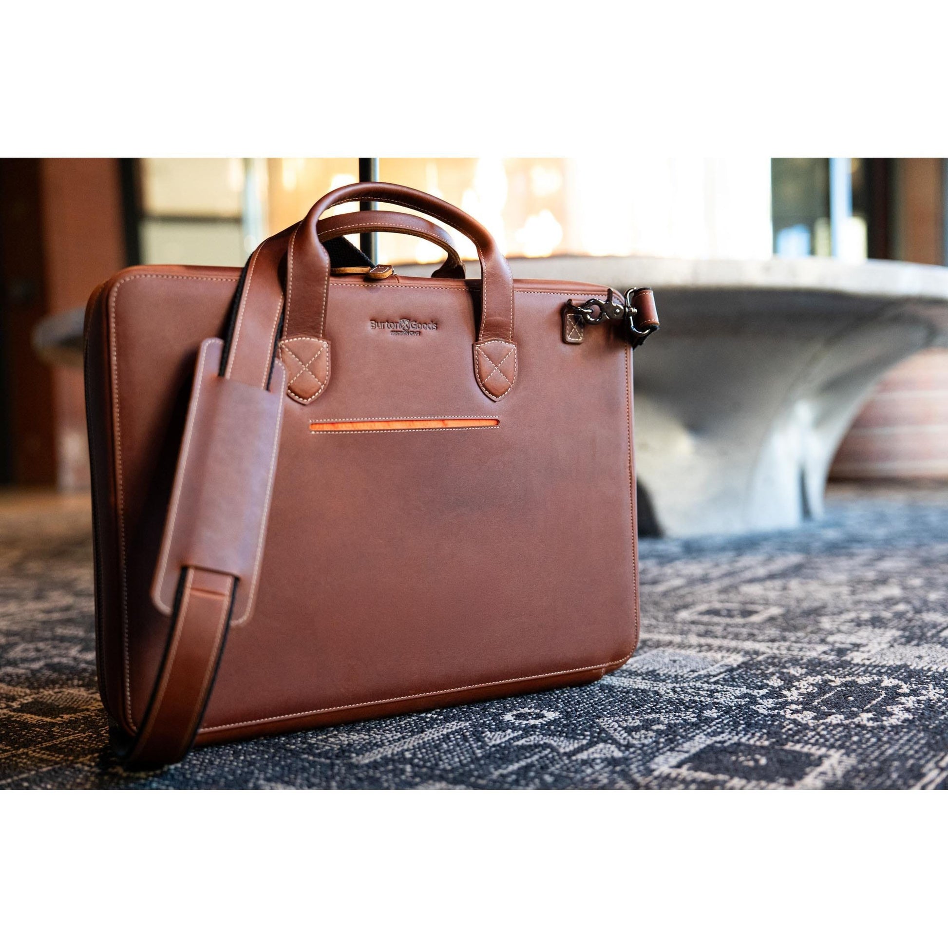 Burton Goods LLC® Leather Bag Mahogany Slim Leather Laptop Briefcase - Medium 16"