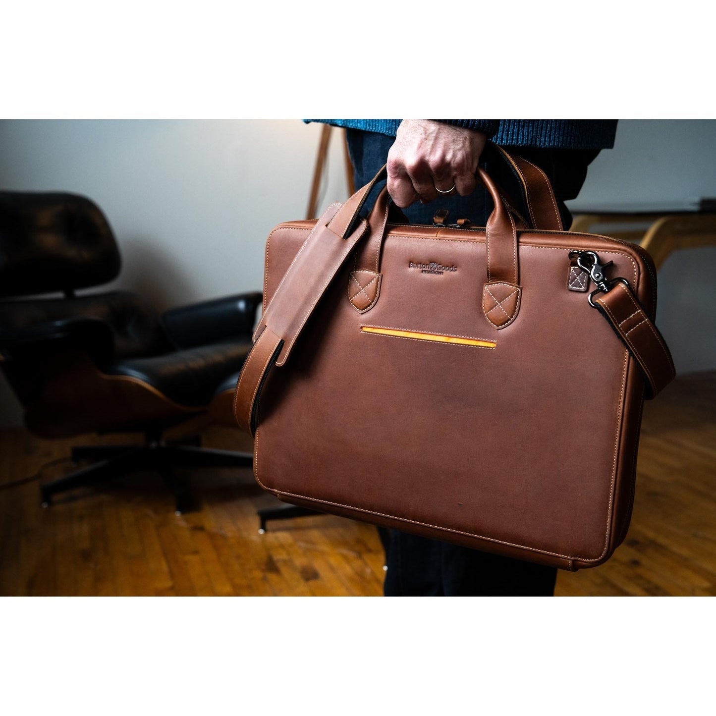 Burton Goods LLC® Leather Bag Mahogany Slim Leather Laptop Briefcase - Medium 16"