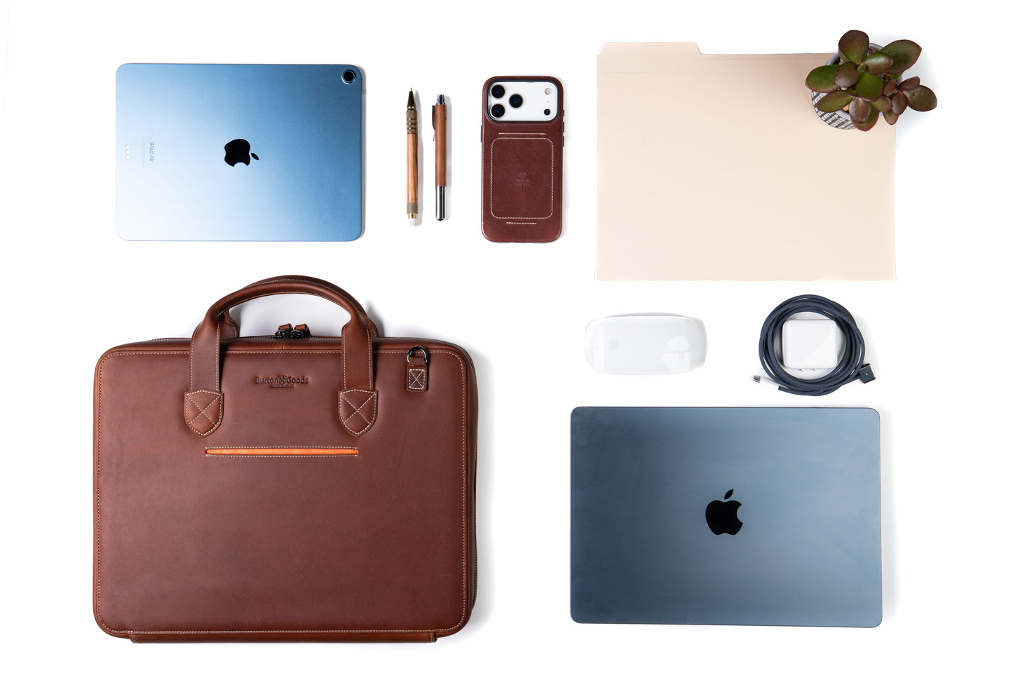 Burton Goods LLC® Light Mahogany Slim Leather Laptop Briefcase - Small 14"