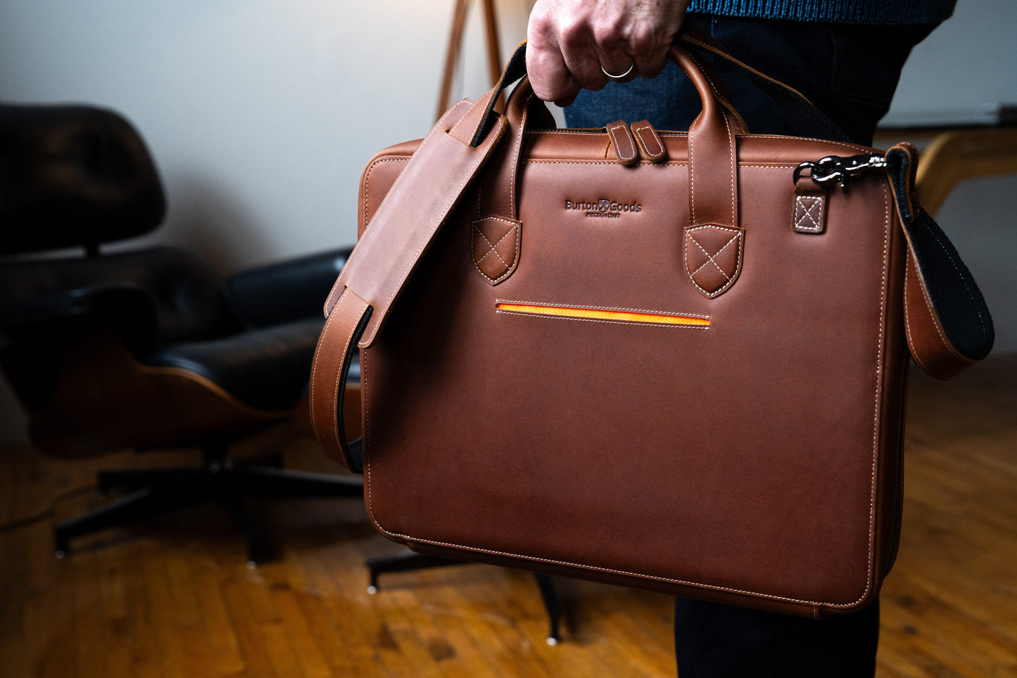 Burton Goods LLC® Light Mahogany Slim Leather Laptop Briefcase - Small 14"