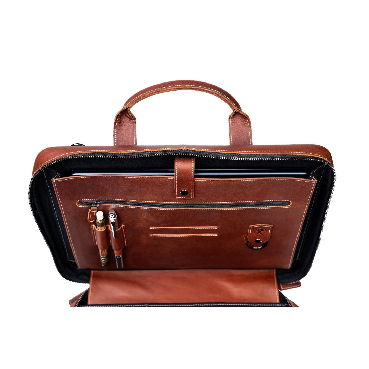 Burton Goods LLC® Leather Bag Light Mahogany Slim Leather Laptop Briefcase - Small 14"
