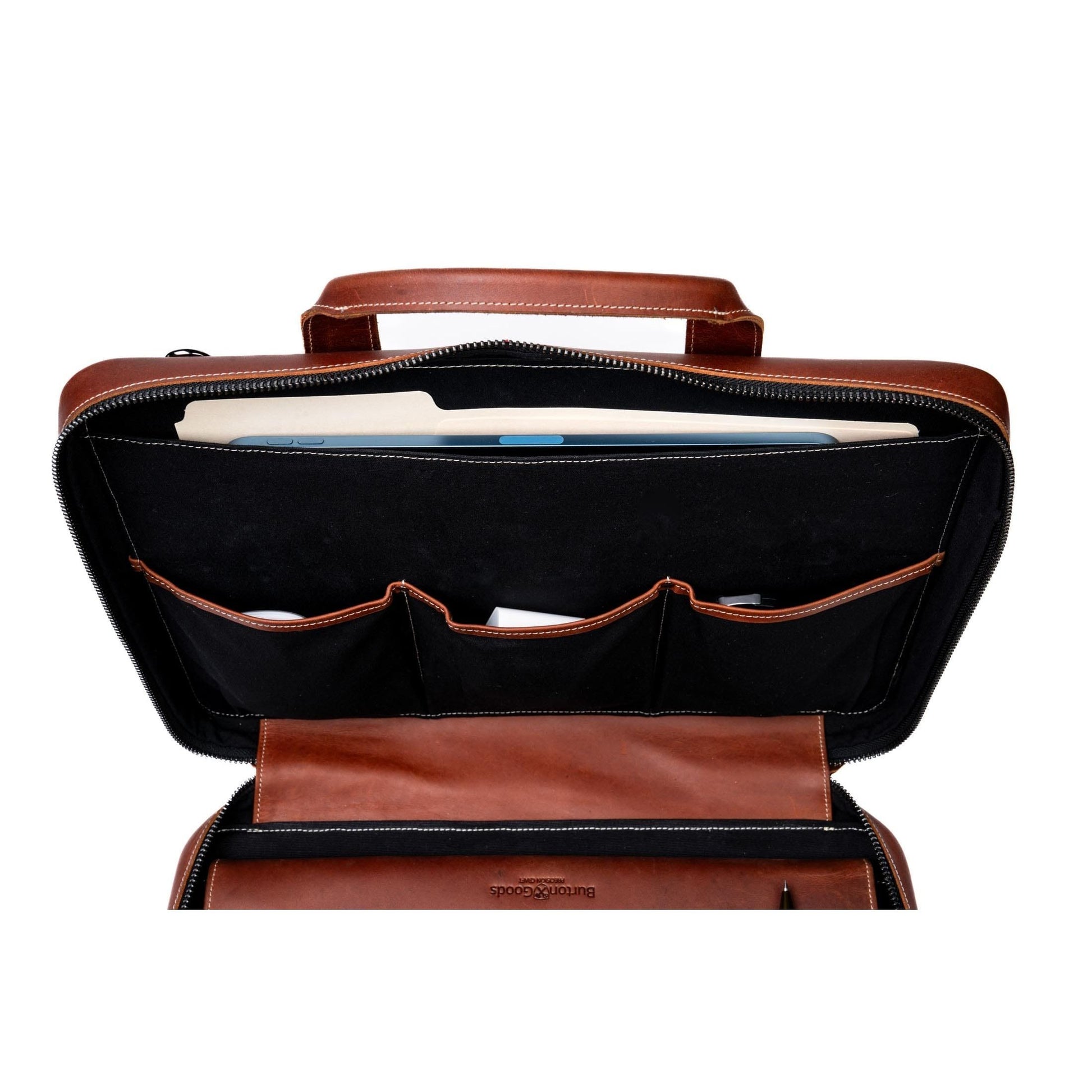 Burton Goods LLC® Leather Bag Light Mahogany Slim Leather Laptop Briefcase - Small 14"