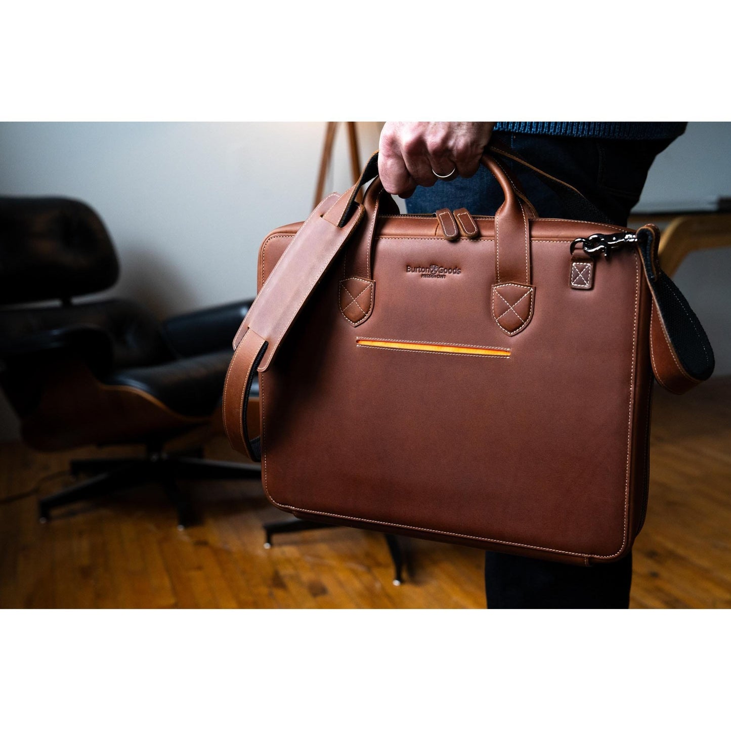 Burton Goods LLC® Leather Bag Light Mahogany Slim Leather Laptop Briefcase - Small 14"