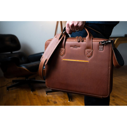 Burton Goods LLC® Leather Bag Light Mahogany Slim Leather Laptop Briefcase - Small 14"