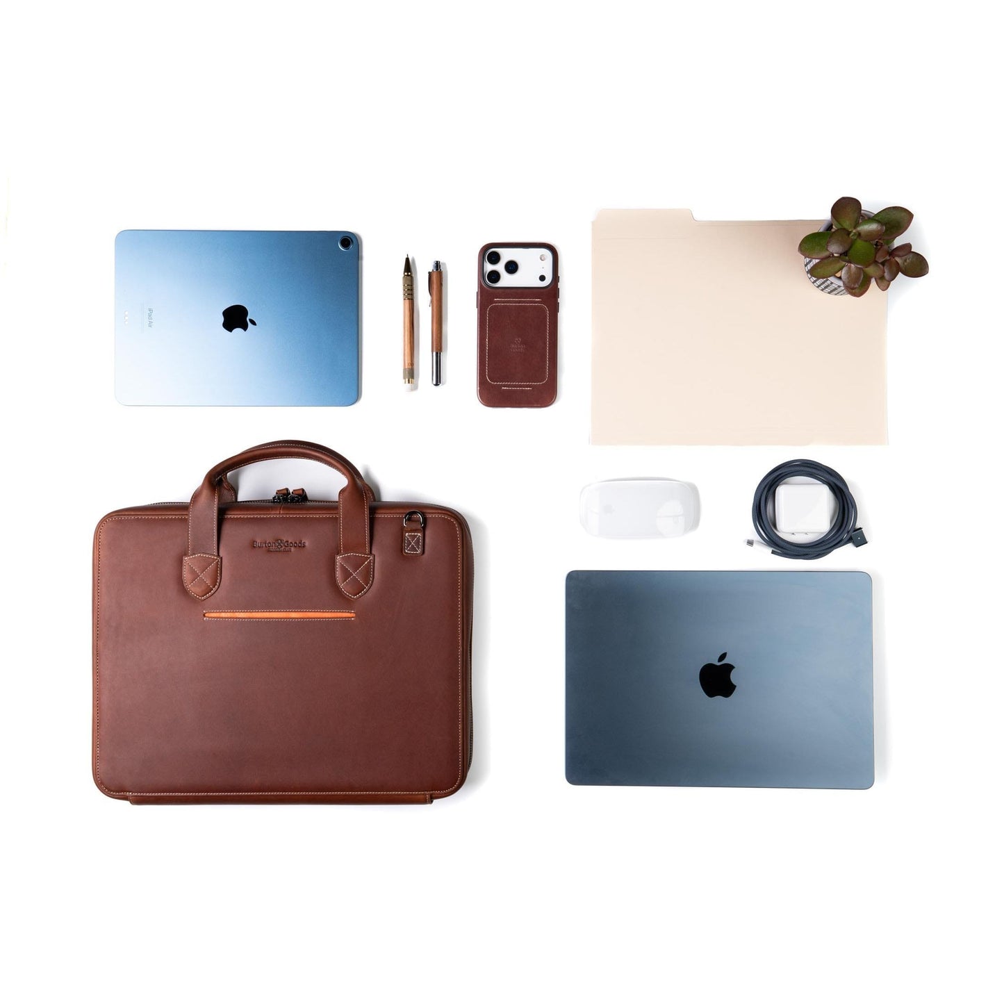 Burton Goods LLC® Leather Bag Light Mahogany Slim Leather Laptop Briefcase - Small 14"
