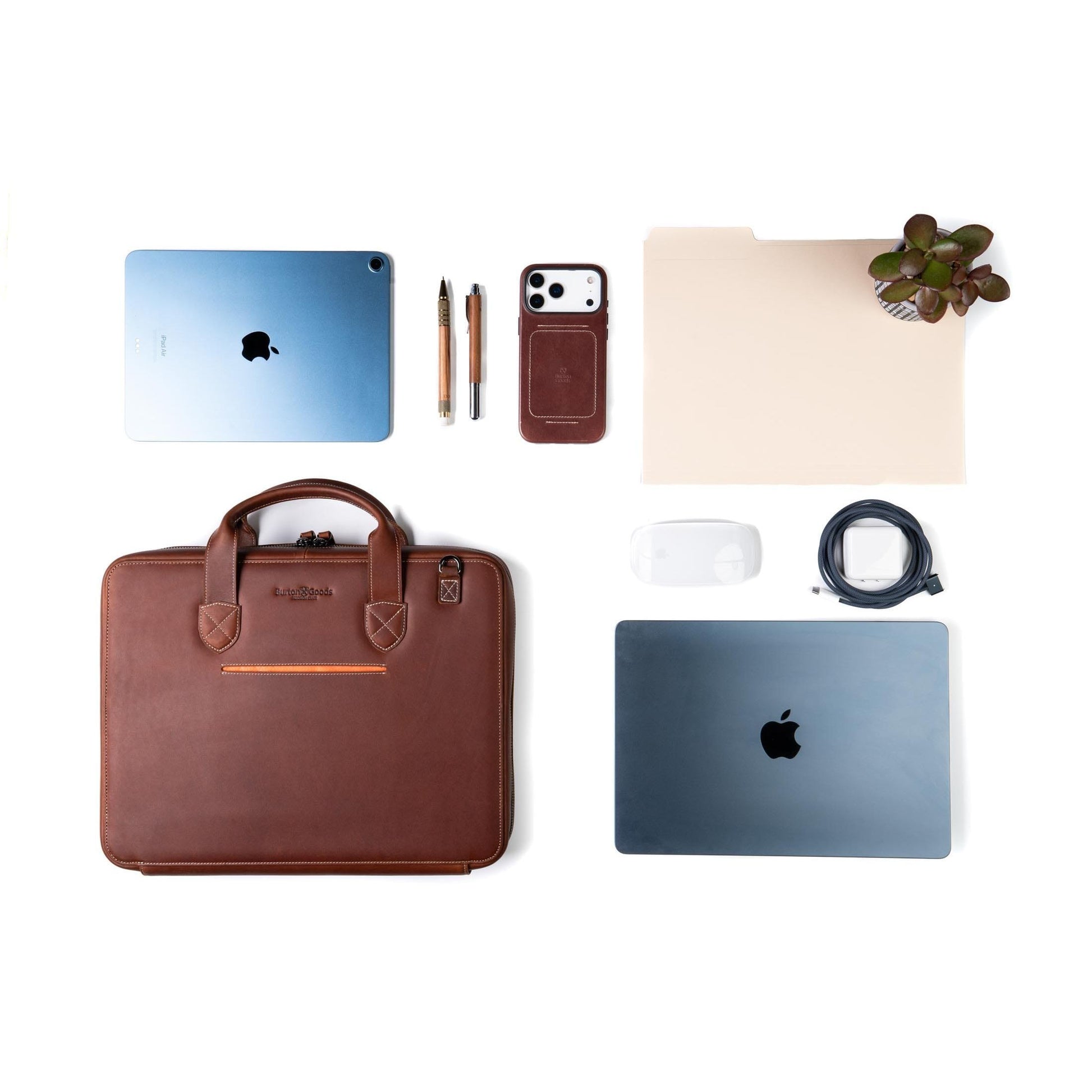 Burton Goods LLC® Leather Bag Light Mahogany Slim Leather Laptop Briefcase - Small 14"