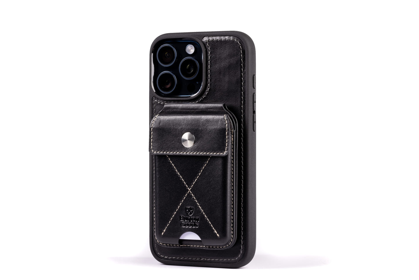 Burton Goods LLC® Onyx Black / Mahogany Leather iPhone 15 Pro Case Value Bundle